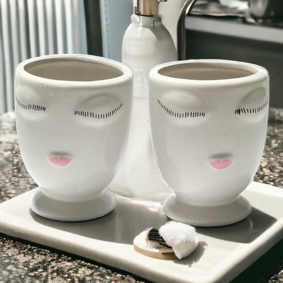 Celfie Countertop Plant Vase White Ceramic Handmade Whimsical Face Floral Pot - Picture 10 of 16